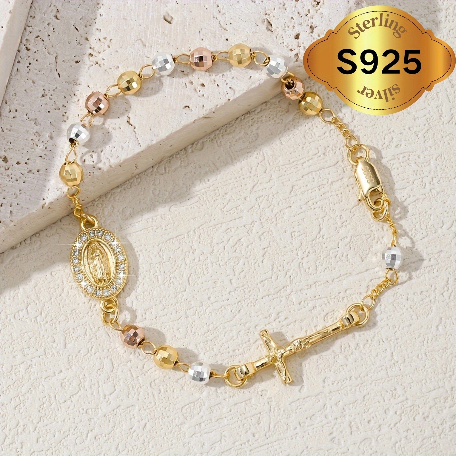 S925 Silver Virgin Mary Cross Rosary Bracelet